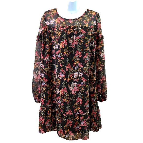 Womens Black Floral Shift Dress Sheer Neckline Sleeves Boho Whimsigoth Sz M - Picture 1 of 10